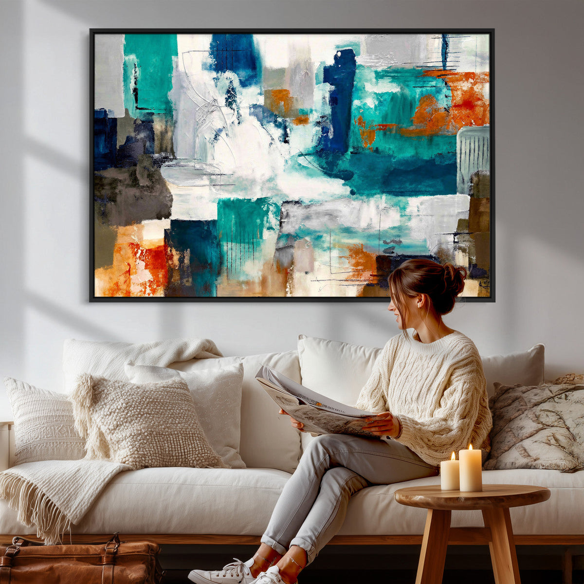 Blue Teal Abstract Canvas Wall Art, Modern Brushstroke Style Print, Navy Orange Contemporary Decor