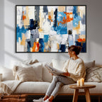 Blue Teal Abstract Canvas Wall Art, Modern Brushstroke Style Painting Print, Navy Orange Contemporary Decor