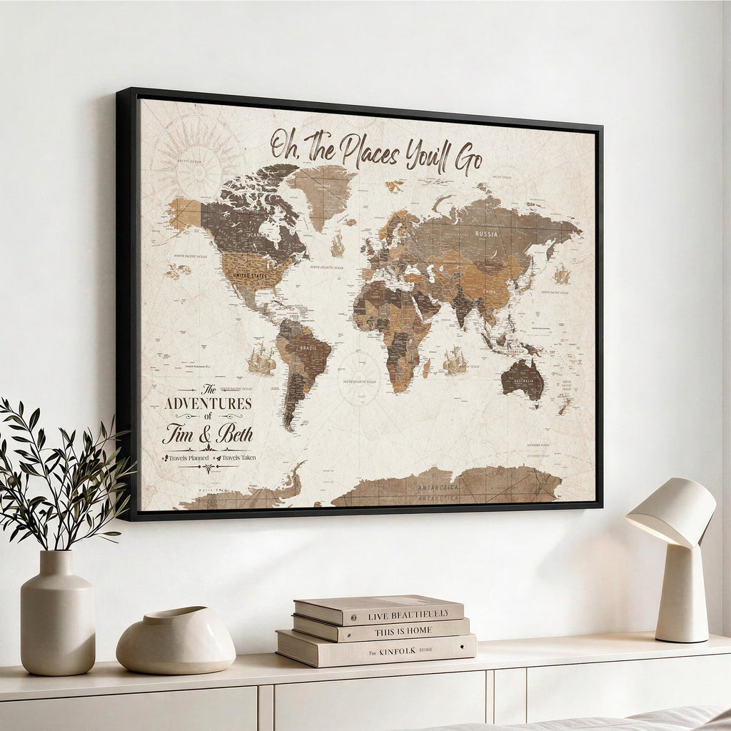 Personalized Beige Geometric Family Push Pin World Map Canvas Print, Honeymoon and Anniversary Gift, Living Room and Study Decor