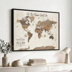 Personalized Beige Geometric Family Push Pin World Map Canvas Print, Honeymoon and Anniversary Gift, Living Room and Study Decor