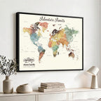 Personalized Framed Beige Modern Push Pin Travel Map Canvas Print, Family Travel Tracker, Bedroom and Home Office Decor