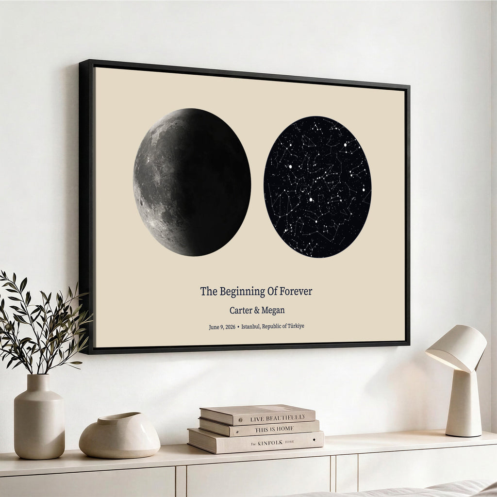 Moon and Stars Canvas Print, Personalized Moon Phase and Star Map Art