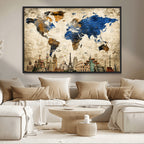 World Map Canvas Print | Vintage Blue and Gold World Map Wall Art