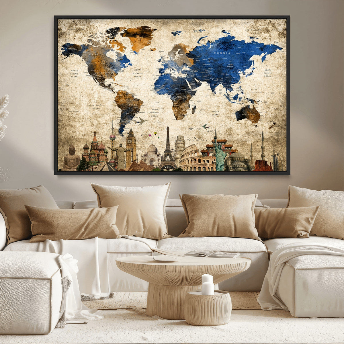 World Map Canvas Print | Vintage Blue and Gold World Map Wall Art