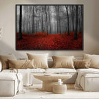 Red Forest Floor Canvas Wall Art | Mystical Foggy Woodland Triptych