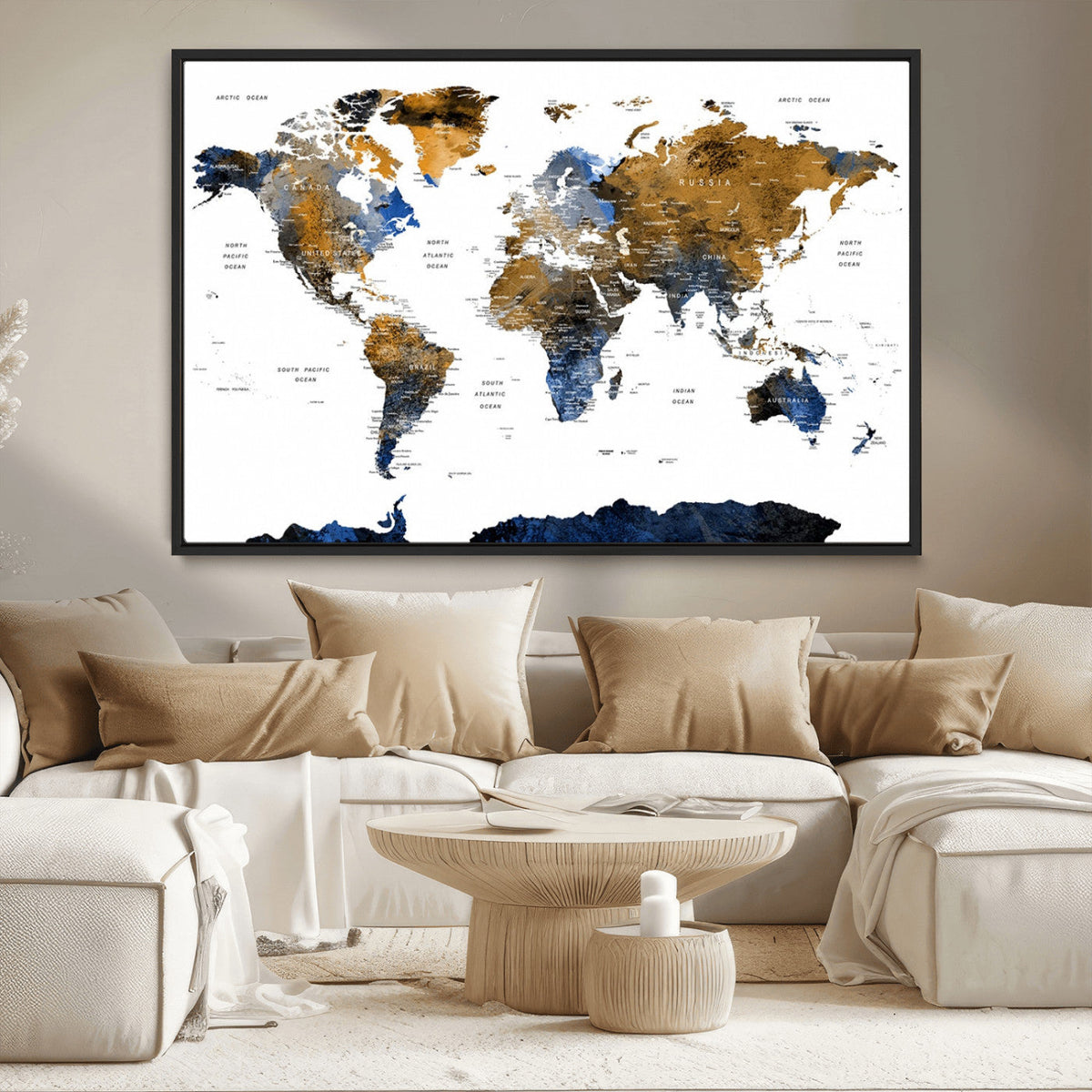 Modern Abstract World Map Canvas Wall Art | Framed Blue and Gold Map Print