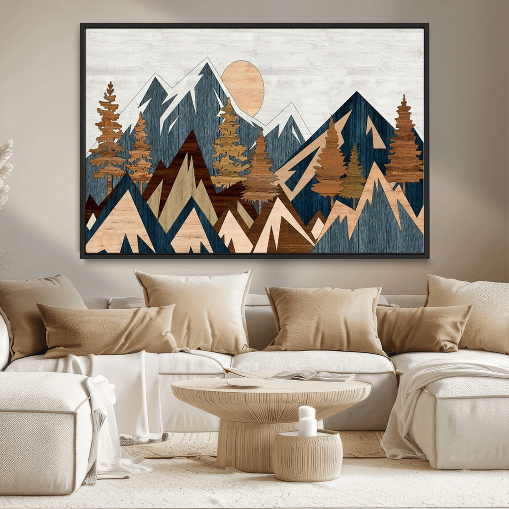 Abstract Wood Panel Effect Mountain Range Wall Art Canvas Print