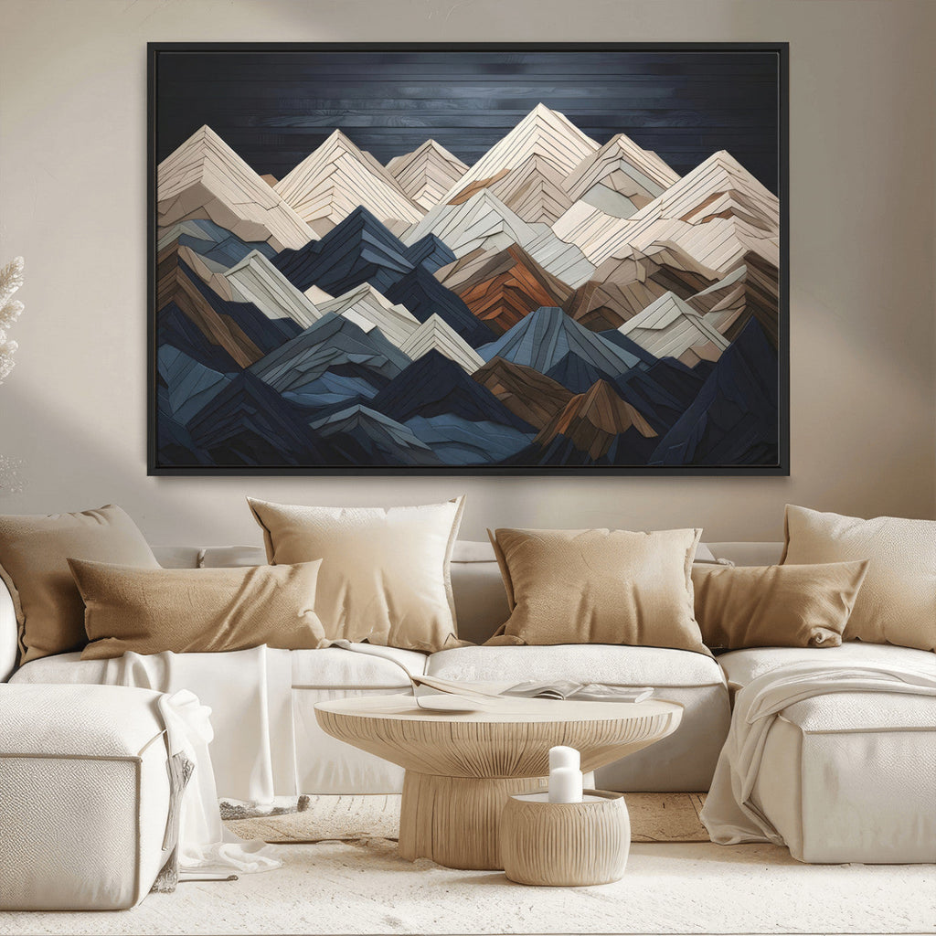 Rustic Mountain Landscape Wall Art Canvas Print, Framed 3D Wooden Effect Mountain Art