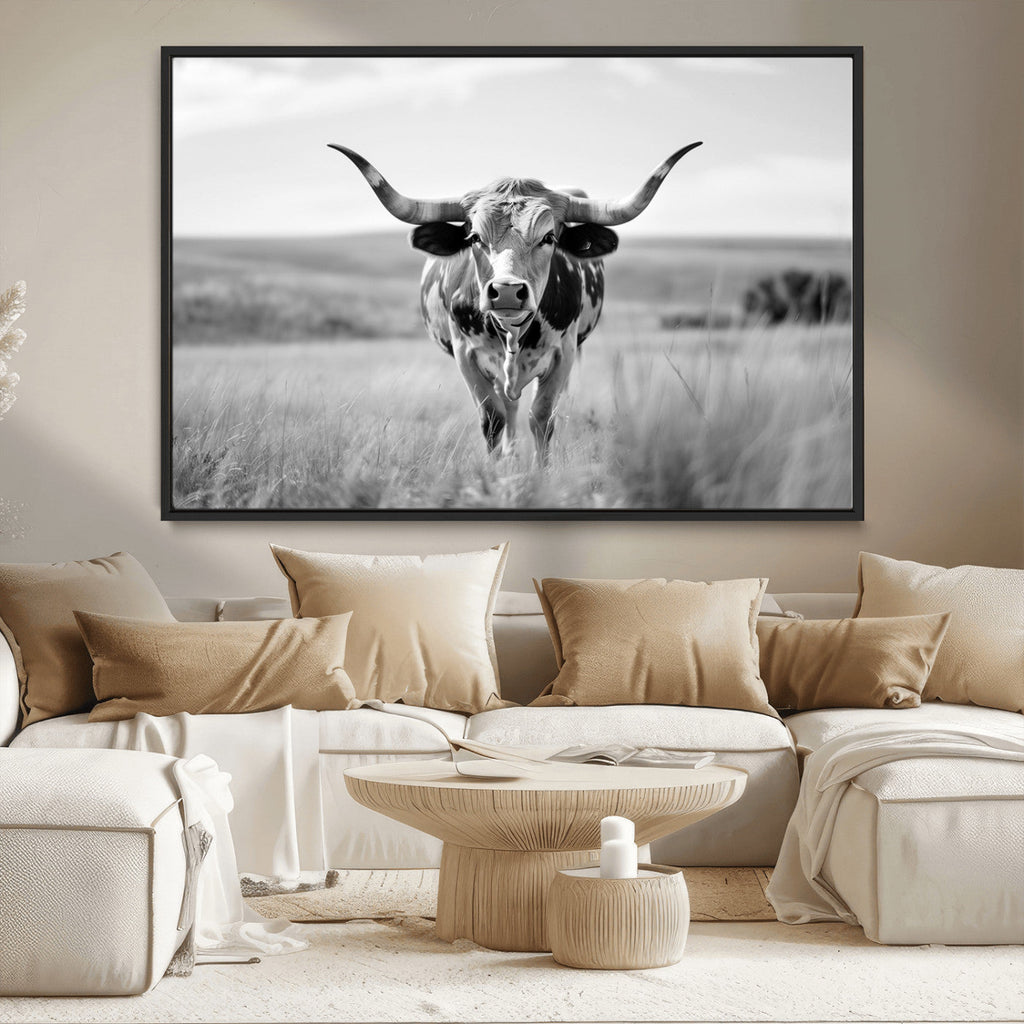 Texas Cow Longhorn Wall Art Canvas Print for Farm House Wall Art, Framed and Ready to Hang