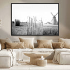 Vintage Farmhouse Black and White Triptych Wall Art, Giclee Canvas with Wheat Fields, Hay Bales and Windmill