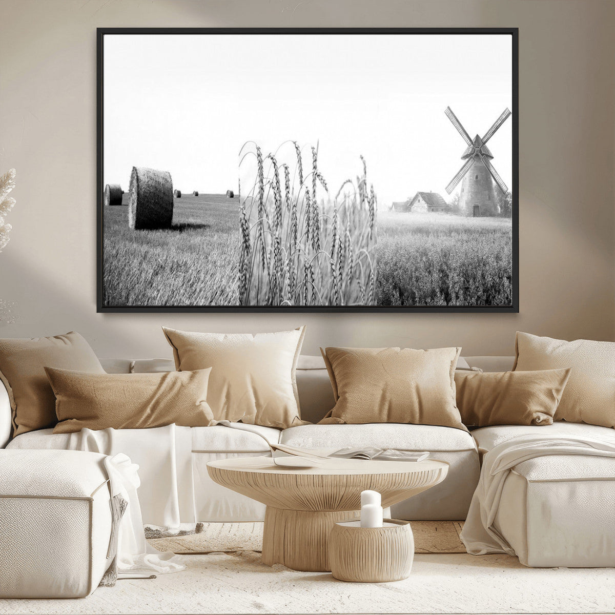 Vintage Farmhouse Black and White Triptych Wall Art, Giclee Canvas with Wheat Fields, Hay Bales and Windmill