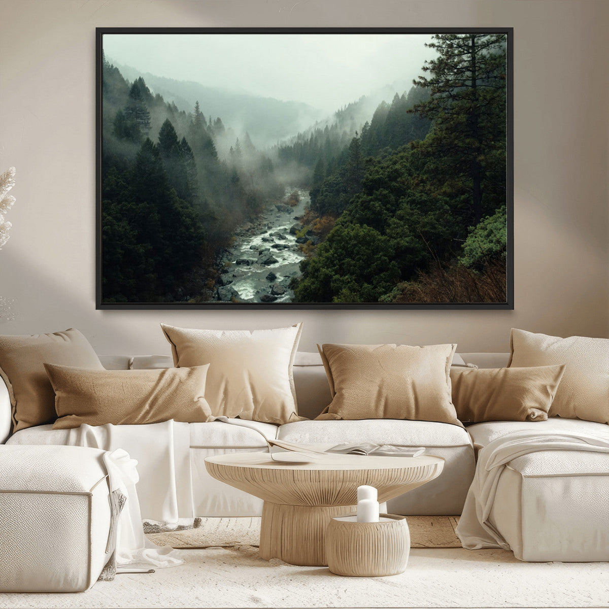 Misty Forest Wall Art, Tranquil Nature Landscape, Ready to Hang | Extra Large 3 Piece Canvas Wall Art