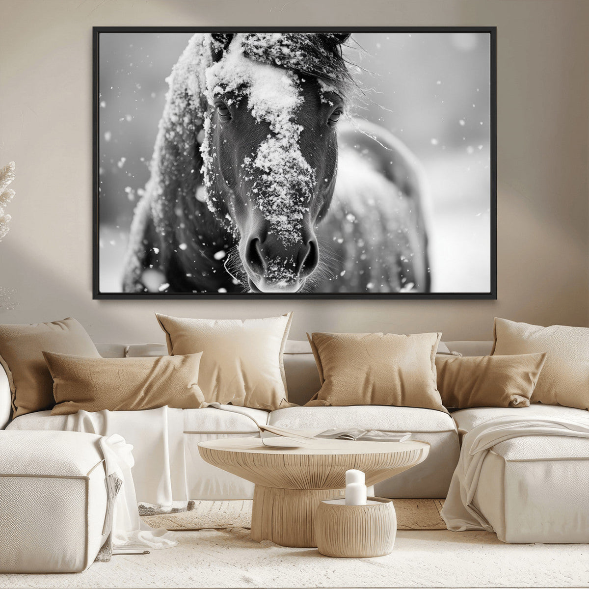 Black and White Horse Winter Wall Art, Ready to Hang