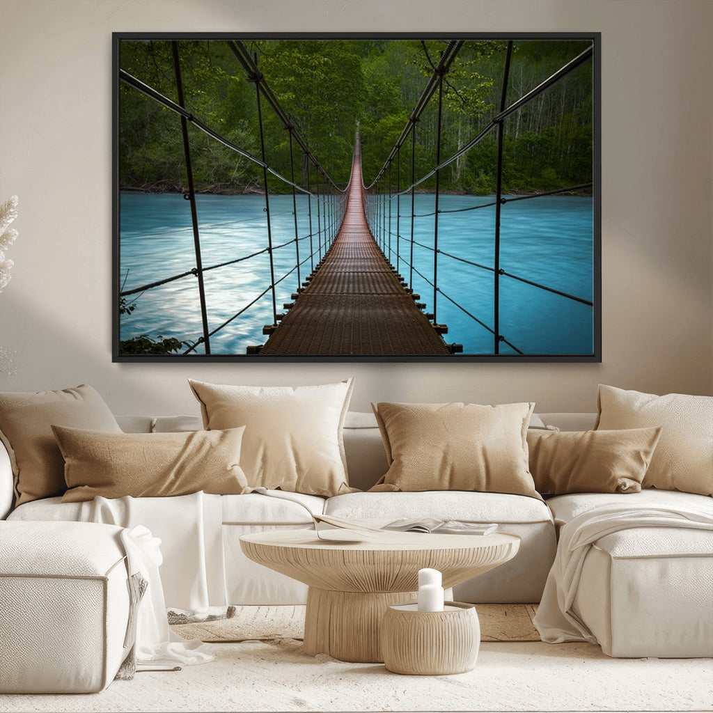 Suspension Bridge Over River Canvas Art | 3-Panel Nature Wall Art