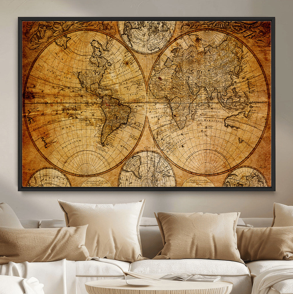 Vintage World Map Canvas Print | Antique Push Pin Travel Map