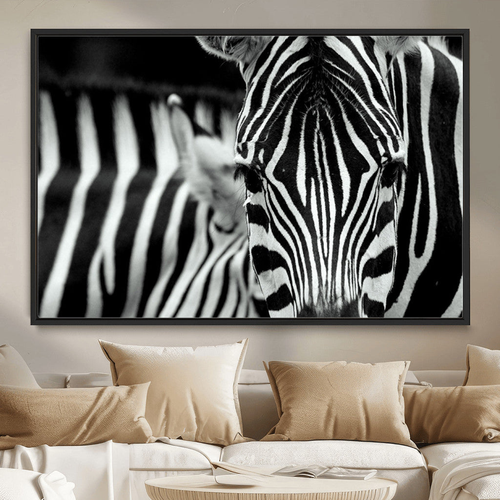 Zebra Wall Art | Zebra Close Up Canvas Print | Framed Black and White Wildlife