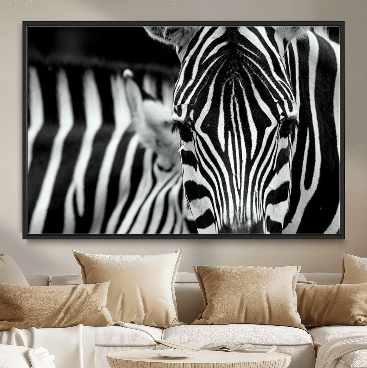 Zebra Wall Art | Zebra Close Up Canvas Print | Framed Black and White Wildlife