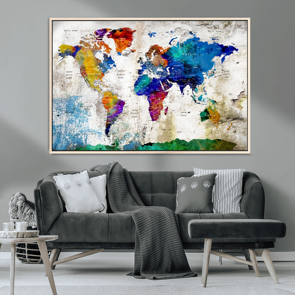 Navy Blue and Orange Watercolor World Map Canvas Print | Framed Travel Map