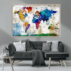 Navy Blue and Orange Watercolor World Map Canvas Print | Framed Travel Map