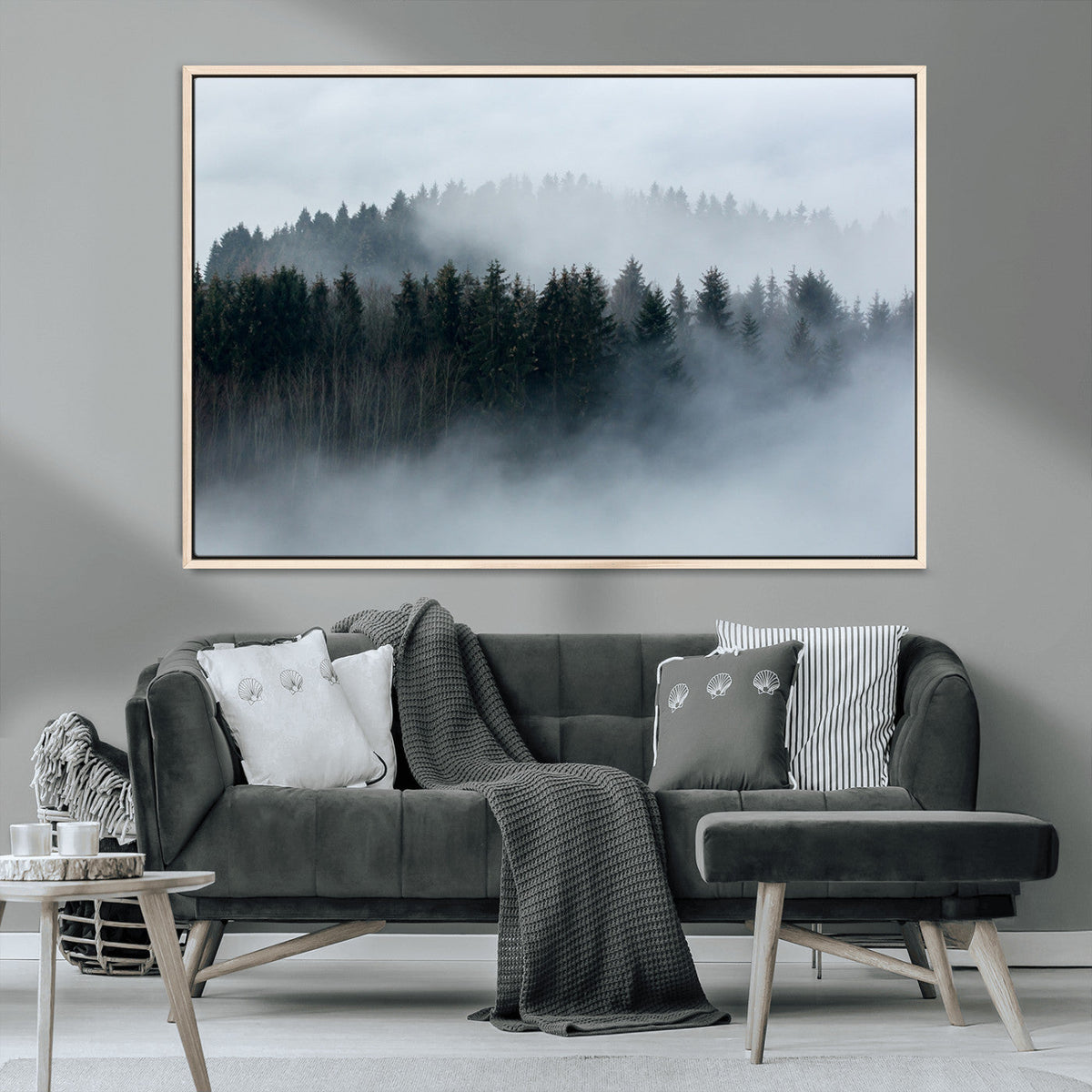 Autumn and Misty Trees in the Forest Wall Art Canvas Print, Foggy Forest Mountain Wall Art