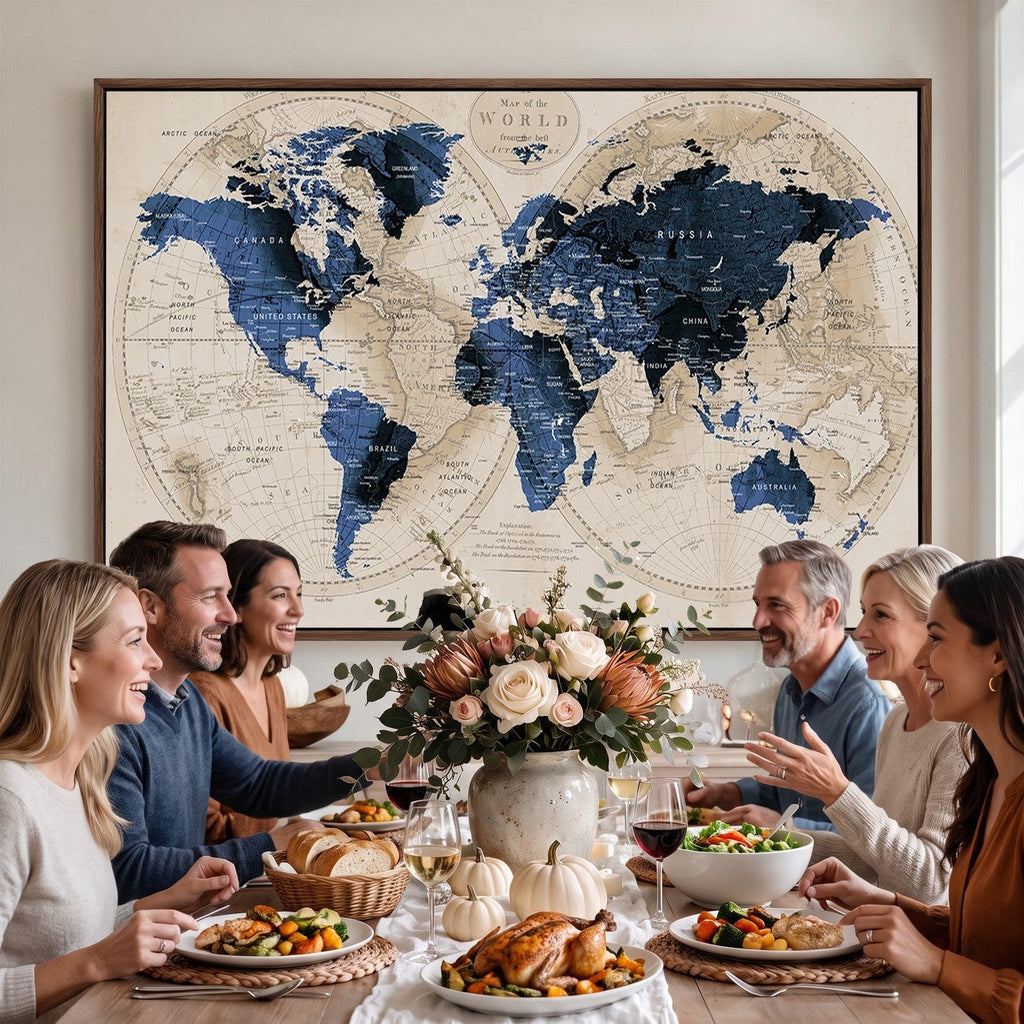 Vintage Blue World Map Canvas Wall Art | Antique Style Framed Map Print