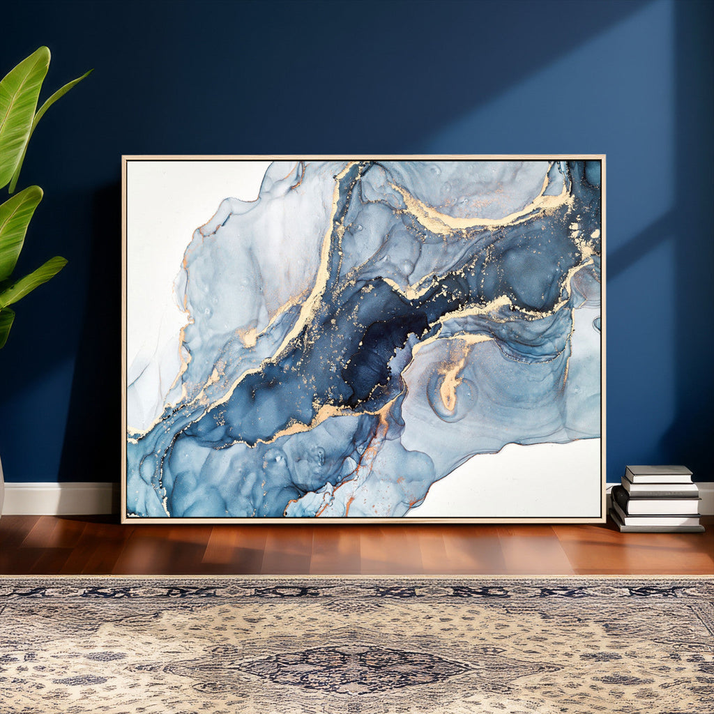 Blue Abstract Canvas Wall Art Print | Fluid Marble Effect Abstract Art