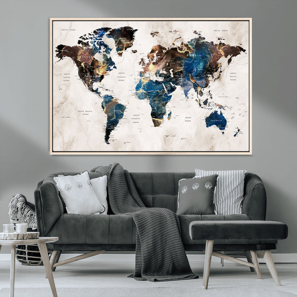 Abstract Earth Tone Blue World Map Canvas Print | Framed Travel Map Wall Art