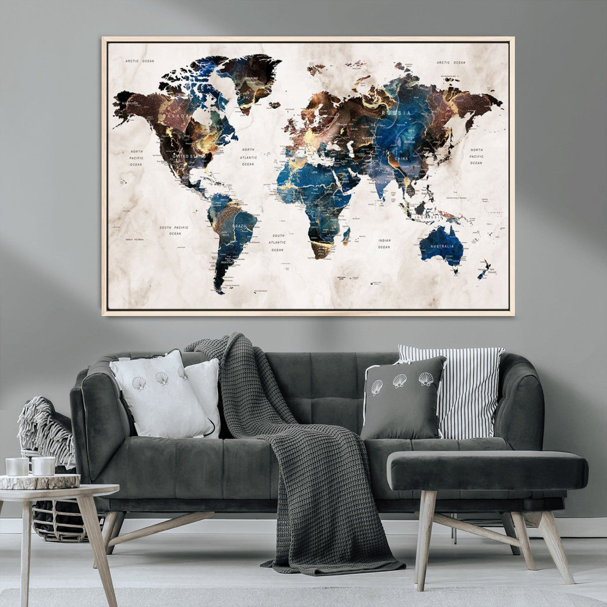 Abstract Earth Tone Blue World Map Canvas Print | Framed Travel Map Wall Art