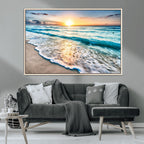 Sunset Beach Waves Canvas Wall Art | Ocean Sunset Coastal Print