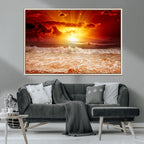 Red Sunset Ocean Beach Canvas Wall Art, Coastal Sunset Print