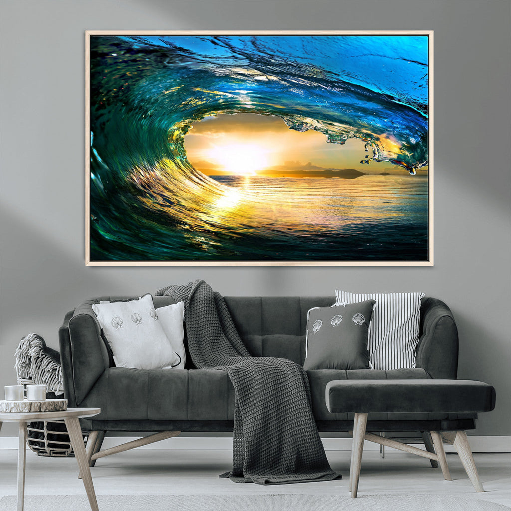 Ocean Wave at Sunset Canvas Art, Large Wall Print of Vibrant Surfing Wave