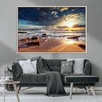 Golden Hour Beach Sunset Canvas Triptych, Ocean Waves and Rocks Wall Art