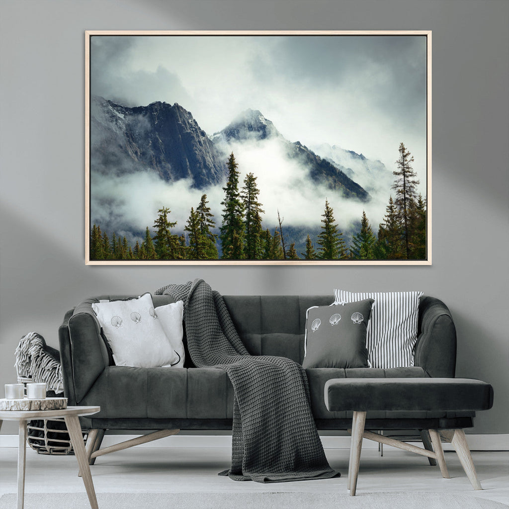 Mountain Mist Canvas Wall Art Print | 3-Panel Foggy Forest and Mountain Landscape