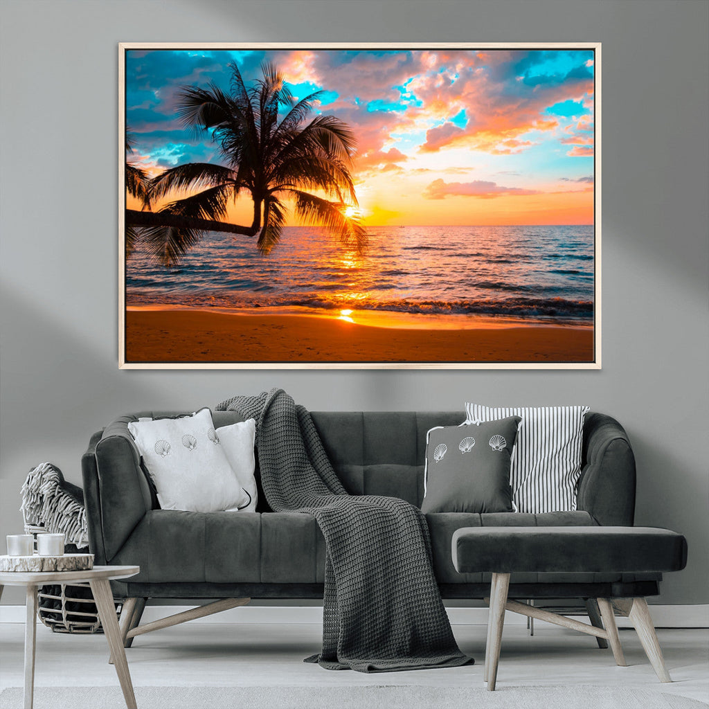 Palm Tree Sunset On The Beach Wall Art Canvas, Framed Palm Tree Sunset Canvas Print