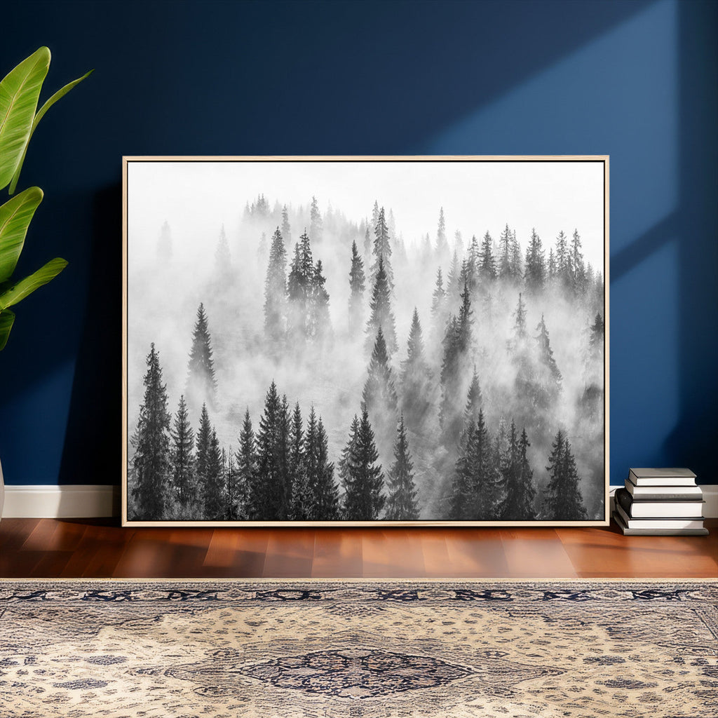 Forest Wall Art Print | Foggy Pine Forest Canvas Wall Art, Black and White Nature Decor