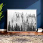 Forest Wall Art Print | Foggy Pine Forest Canvas Wall Art, Black and White Nature Decor