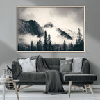 Forest Mountain Print | Black and White Canvas Wall Art with Misty Forest Design
