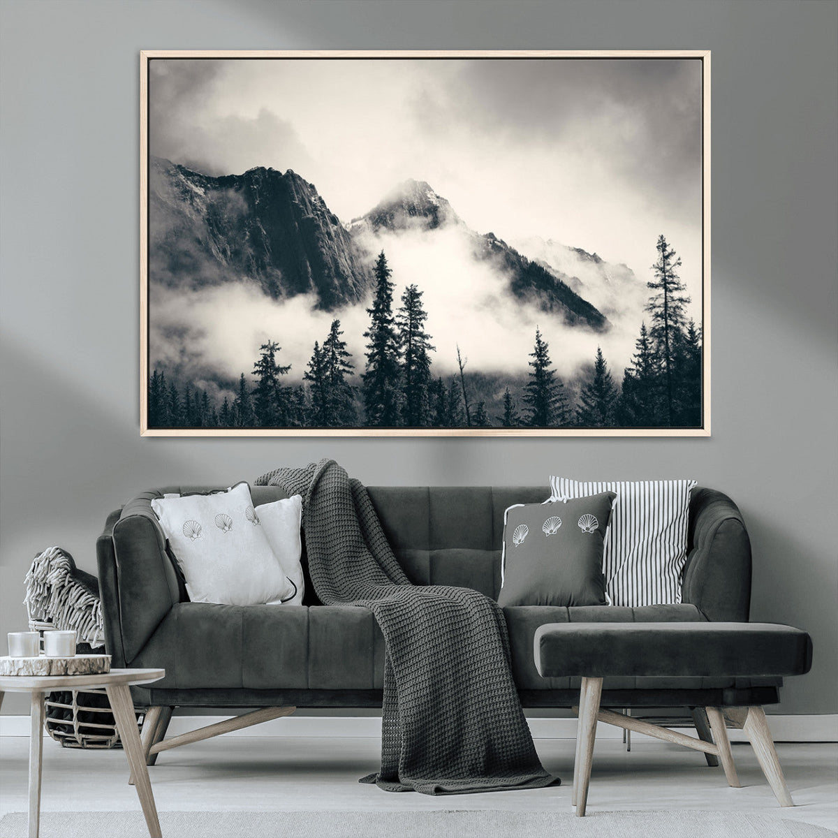 Forest Mountain Print | Black and White Canvas Wall Art with Misty Forest Design