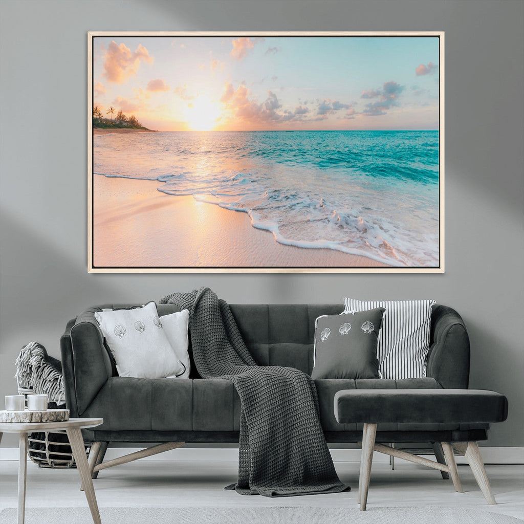 Beach Sunrise Wall Art, Coastal Seascape Canvas Print, Ocean Wave Wall Decor