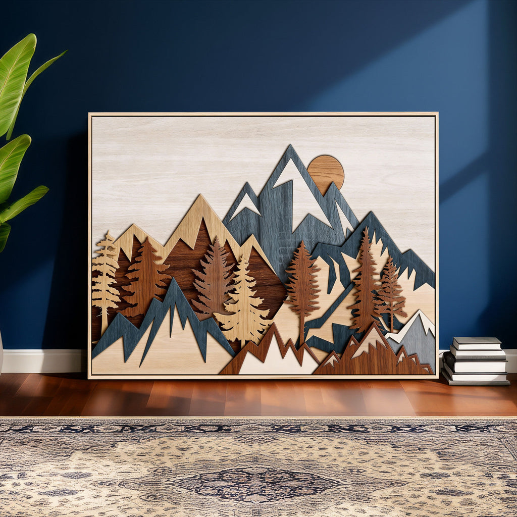 Rustic Abstract Wood Panel Effect Canvas | Mountain Range Top Wood Wall Art Canvas Print