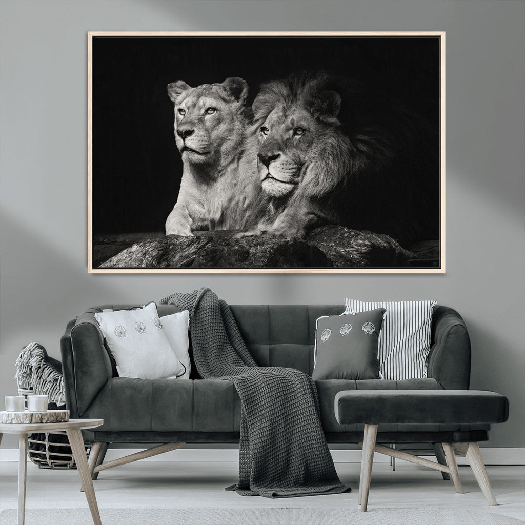 Lion Couple Wall Art Canvas Print, Elegant Black and White Wildlife Portrait