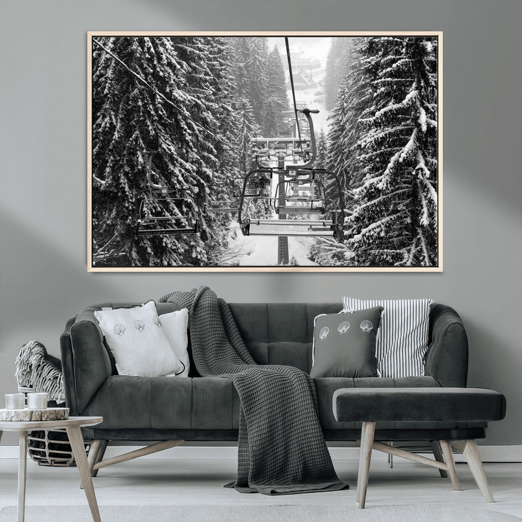 Winter Ski Lift Black and White Canvas Wall Art | Alpine Escape in Minimalist Style