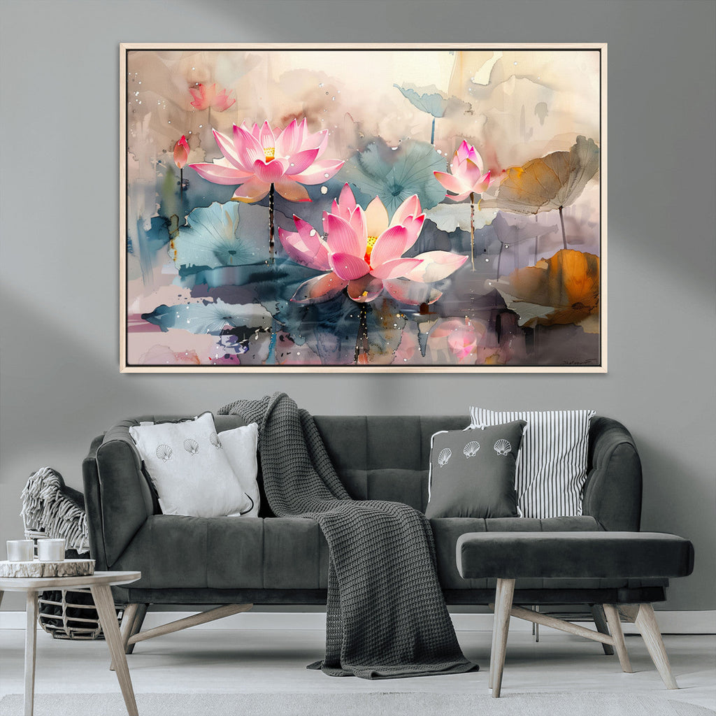 Lotus Flower Wall Art | 3 Panel Giclee Canvas Print of Pink Lotus Blossoms