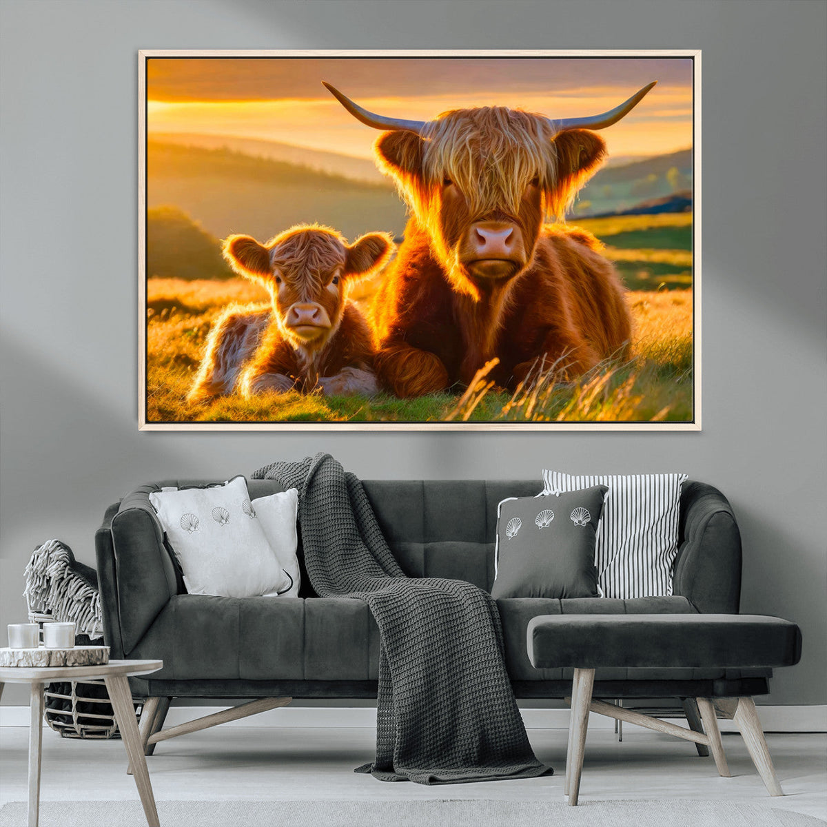 Scottish Cow and Baby Cow Canvas Wall Art Animal Print