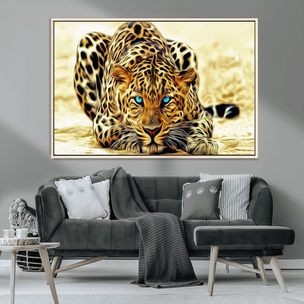 Blue-Eyed Leopard Canvas Wall Art, Framed Animal Print, Fierce and Bold Decor for Living Rooms