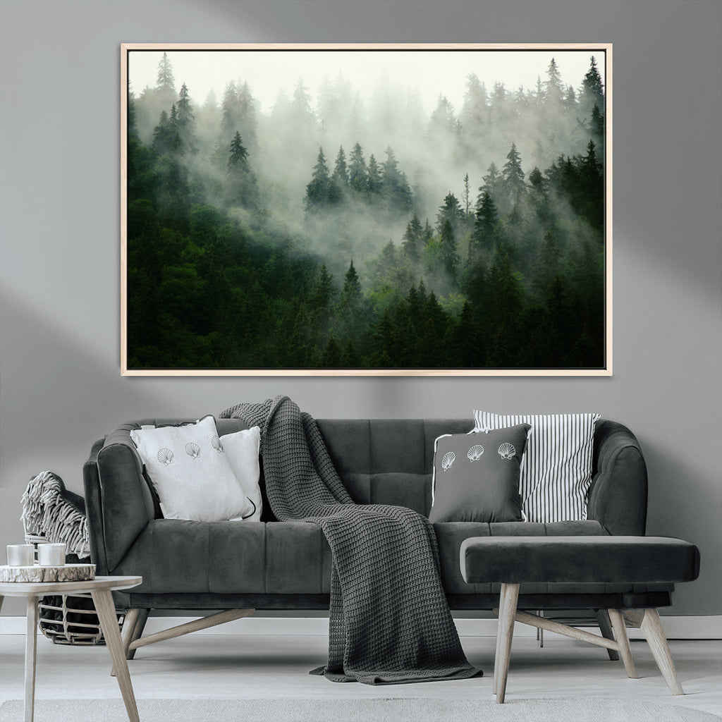 Misty Forest Wall Art | Tranquil Green Woodland Canvas Print