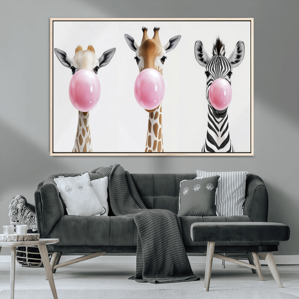 Bubblegum Animals Canvas Wall Art, Playful Giraffe and Zebra Trio, Whimsical Nursery and Kids Room Decor