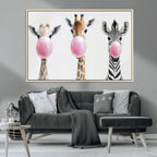 Bubblegum Animals Canvas Wall Art, Playful Giraffe and Zebra Trio, Whimsical Nursery and Kids Room Decor