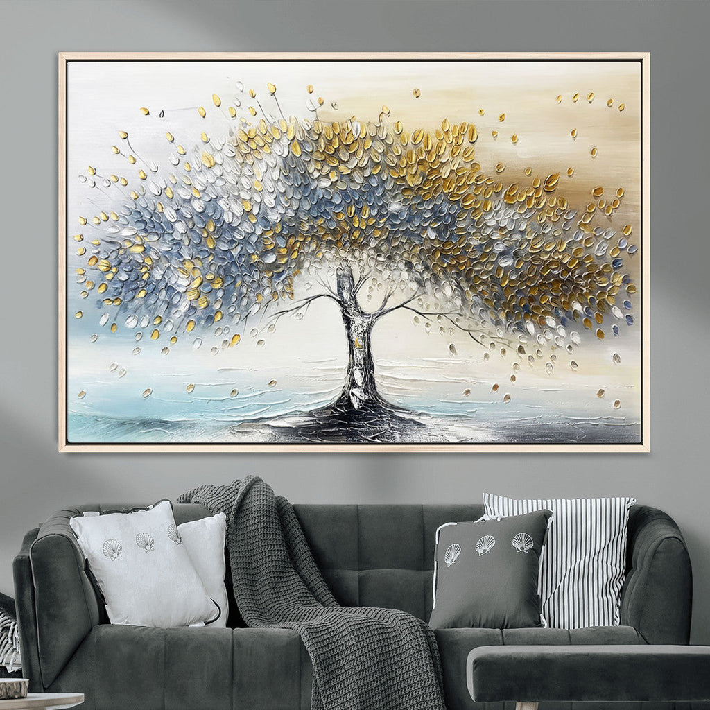 Golden and Silver Tree Wall Art | Framed Elegant Leaves Canvas
