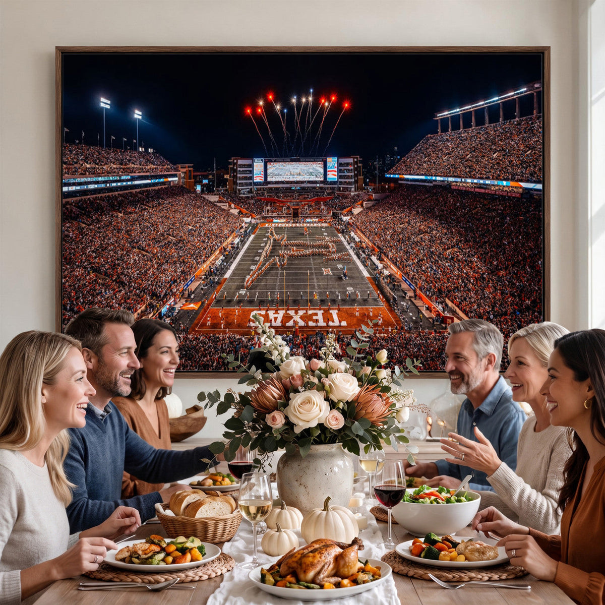 Texas Stadium Night Game Wall Art Canvas Print, Vibrant Football Fireworks Scene